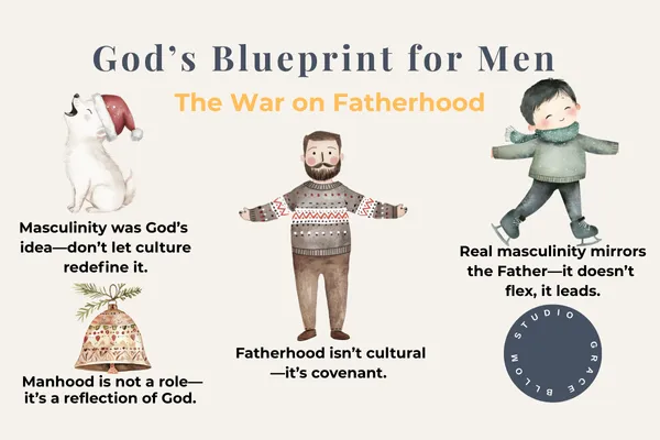Christian infographic titled 'God’s Blueprint for Men: The War on Fatherhood' featuring four quotes about Biblical masculinity and fatherhood. Illustrated with cartoon-style images of a dog in a Santa hat, a man in a sweater, a gift bag, and a boy jumping. Quotes include: 'Masculinity was God’s idea—don’t let culture redefine it,' 'Fatherhood isn’t cultural—it’s covenant,' 'Manhood is not a role—it’s a reflection of God,' and 'Real masculinity mirrors the Father—it doesn’t flex, it leads