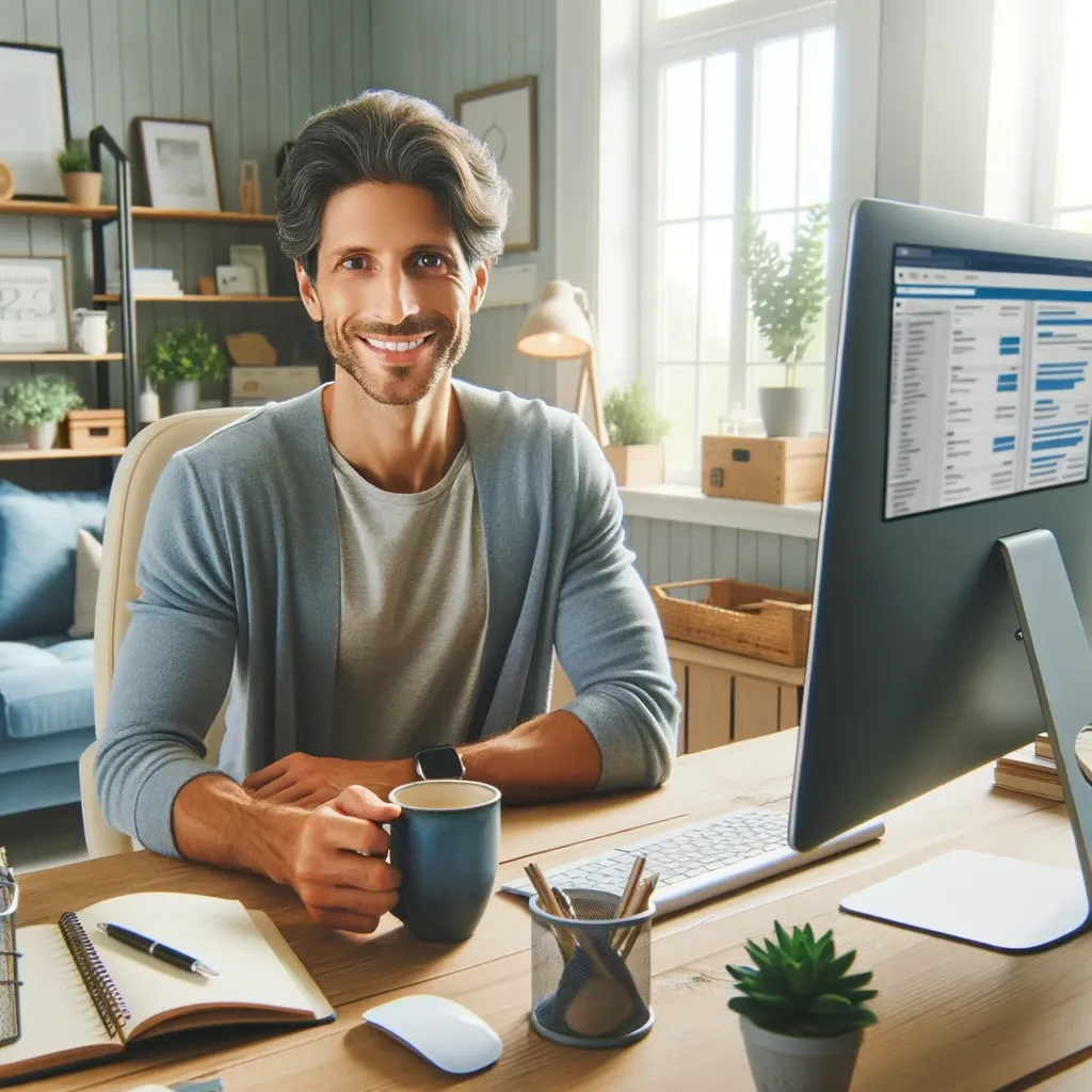 affiliate marketer drinking coffee at his desk