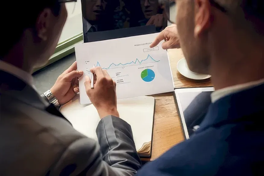 two persons looking at a data sheet