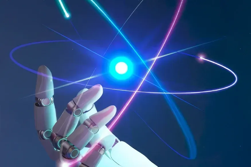 robotic hand holding a light particle