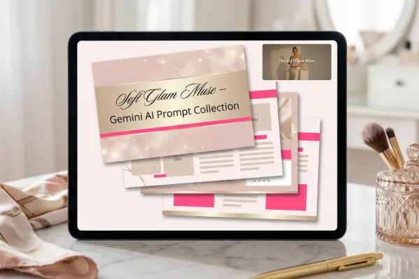Digital product mockup of the Soft Glam Muse – Gemini AI Prompt Collection in blush and champagne tones with soft sparkles.