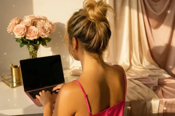 Soft-glam golden-hour workspace with pink laptop, blush roses, and satin textures representing AI-powered personal branding.
