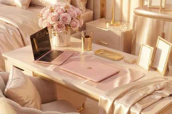 Soft-glam workspace with pink laptop, blush roses and gold accents under warm lighting.