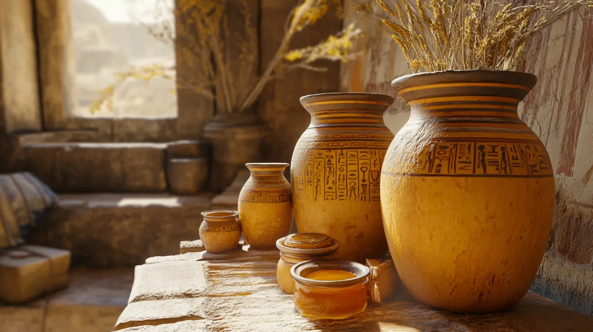 a visual of vases and jars with honey in an Egyptian tomb