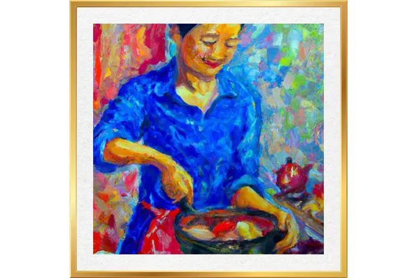 Impressionist painting of a woman cooking, capturing the warmth of self-expression and personal growth through everyday moments, symbolizing the evolution of identity and self-awareness.