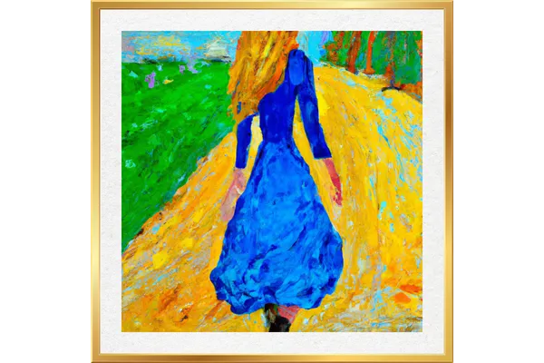 Impressionist painting of a woman walking confidently along a path, symbolizing clarity, purpose, and the journey to a doubt-free life.