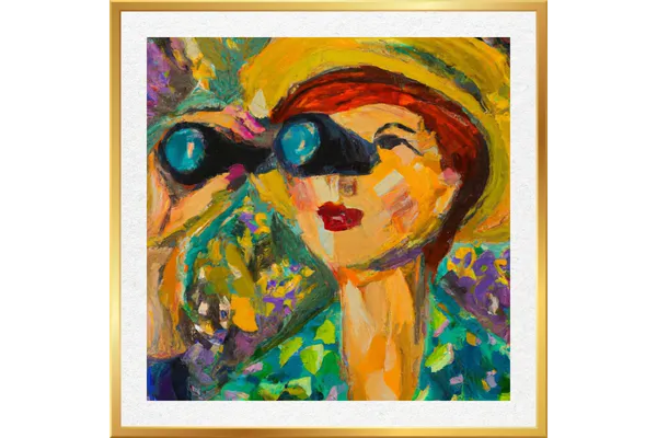 Impressionist painting of a woman using binoculars, symbolizing the pursuit of clarity and self-reflection