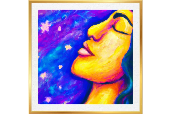 Modern impressionist painting of a woman with closed eyes, facing the stars, symbolizing introspection and connection with the universe.