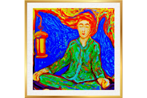 mpressionist painting of a woman in meditation, her hair blending into the background, symbolizing transcendence, presence, and the dissolving of limiting beliefs.