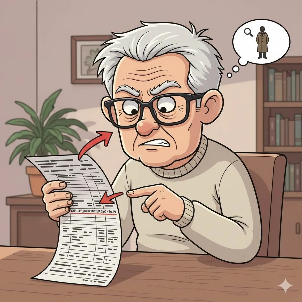 Person reviewing bank statement and noticing unexpected subscription charges