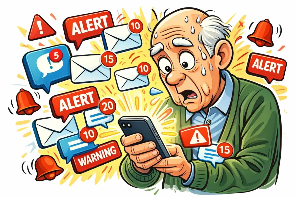 Older man looking overwhelmed by multiple phone alerts, messages, and warning notifications