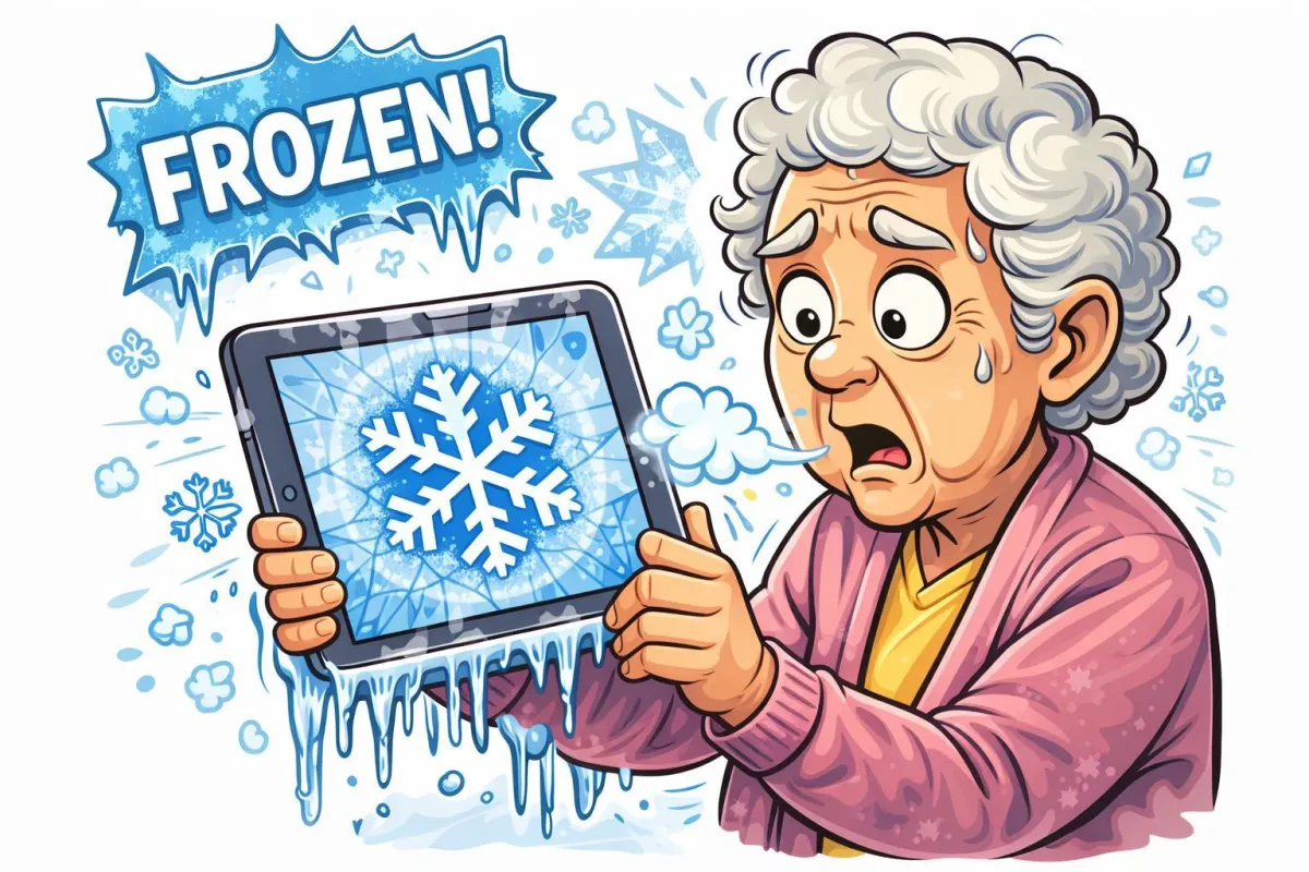 Older woman holding a frozen tablet with a snowflake icon on the screen, looking worried