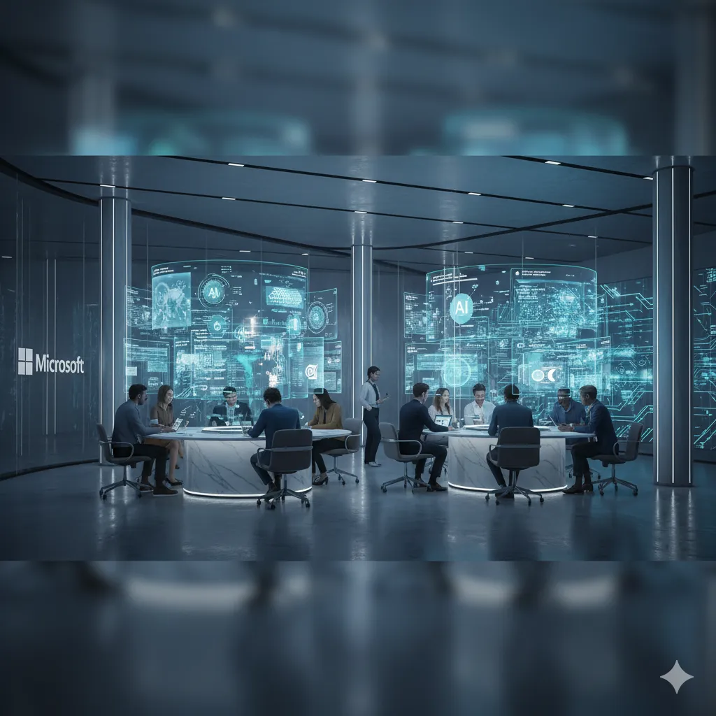 A futuristic AI startup hub with holographic data displays and teams collaborating under blue light, symbolizing the rise of agentic AI.