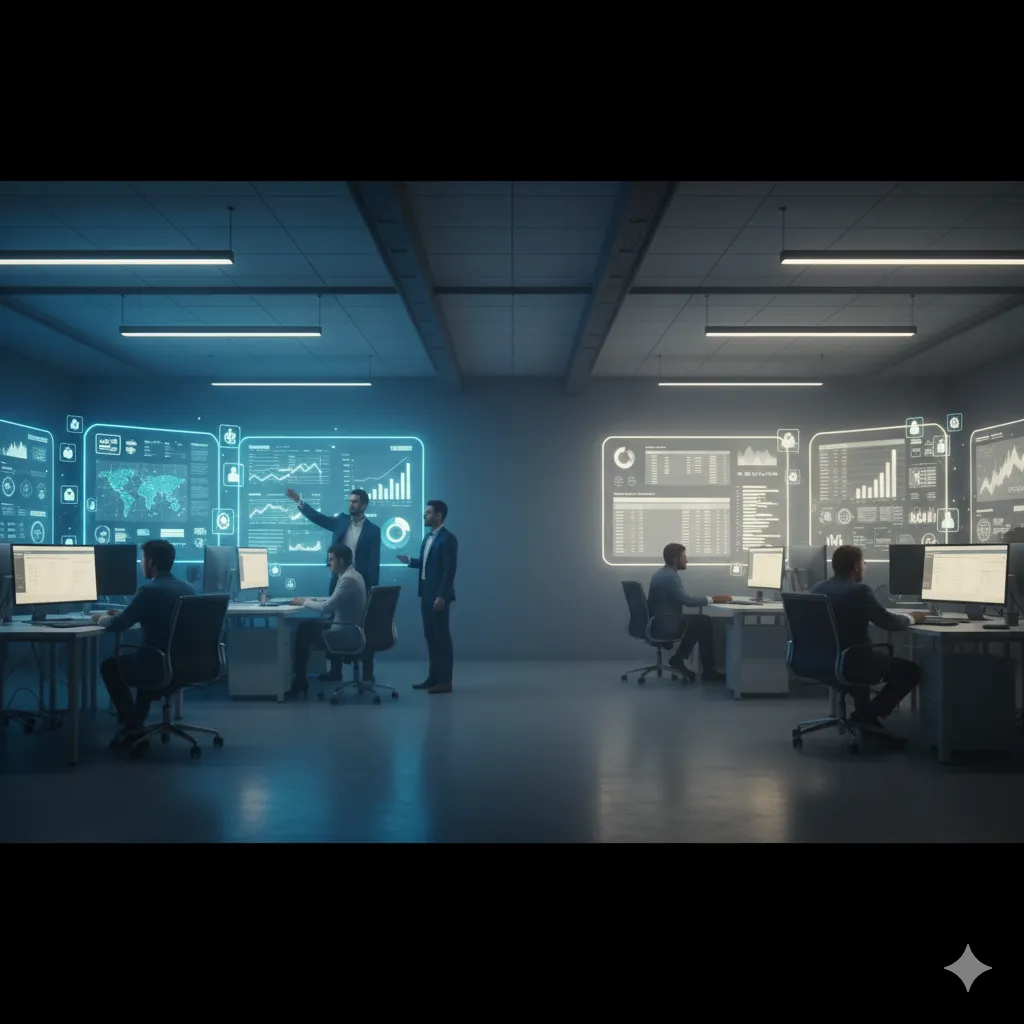 Marketing professionals in a modern office analyzing AI dashboards, symbolizing how mid-market companies lag behind in AI adoption.