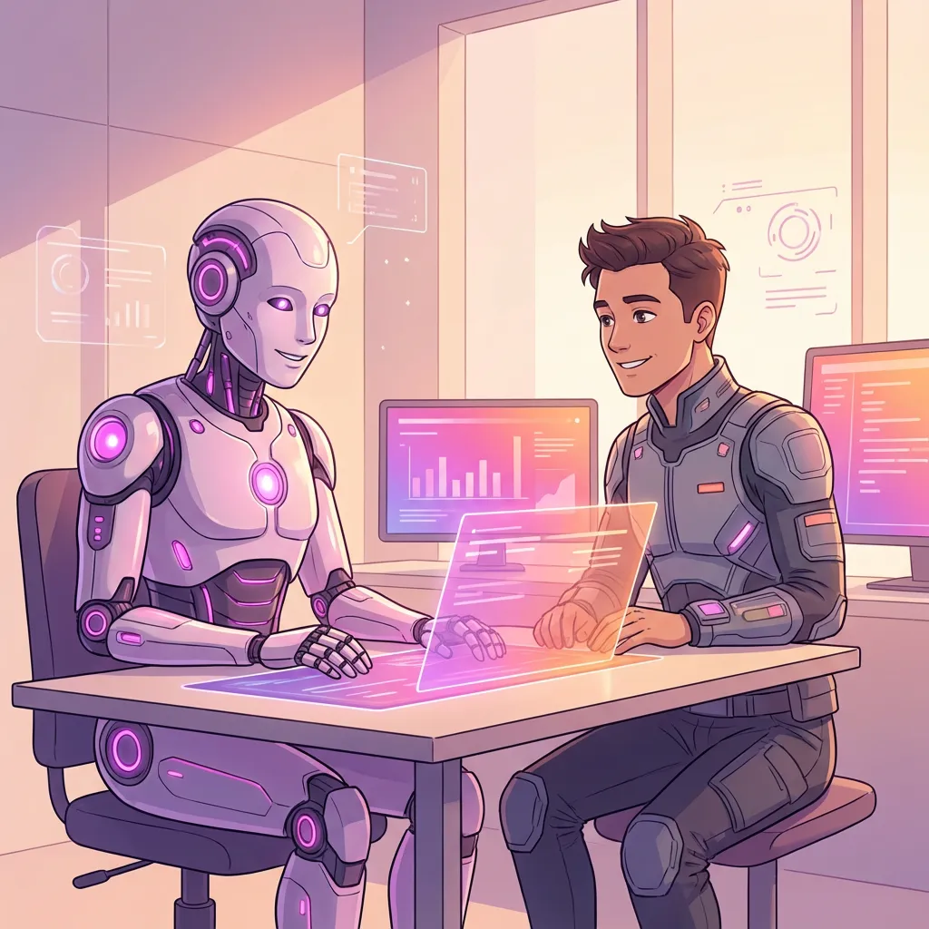 Illustrated robot and human working together in a vibrant workspace representing new agentic AI releases.