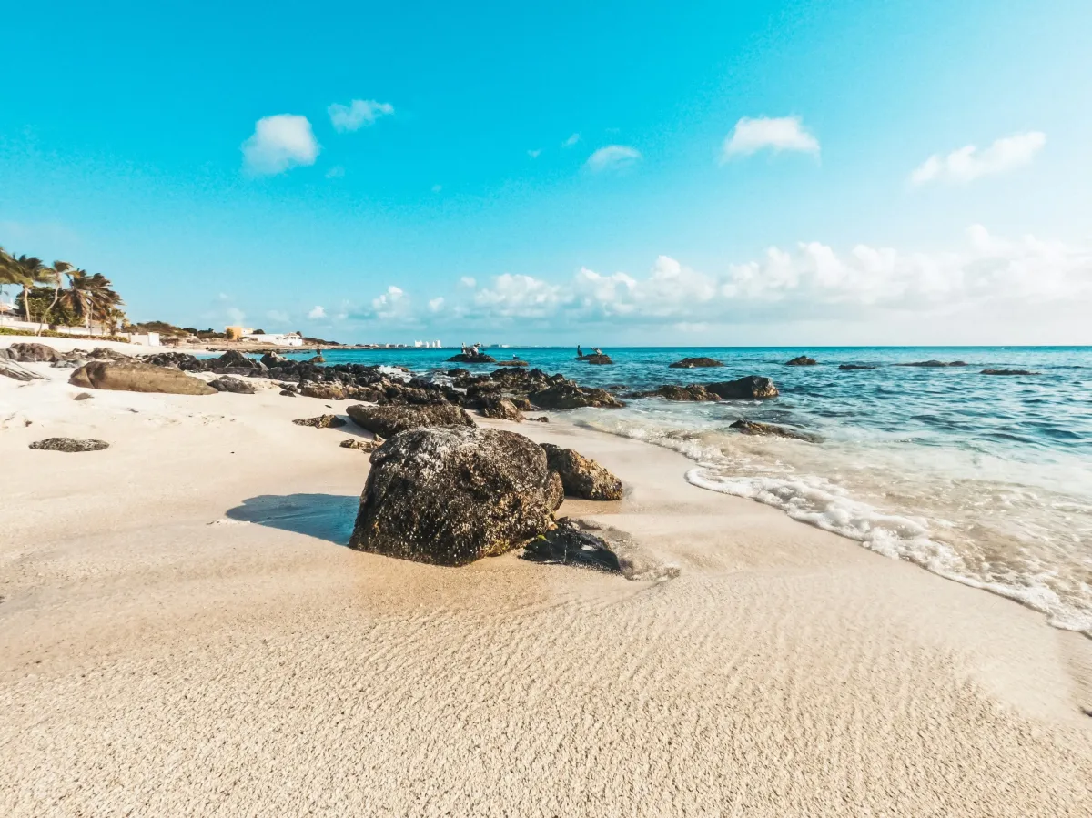Large coastal rocks holding steady as waves crash along a tropical shoreline.