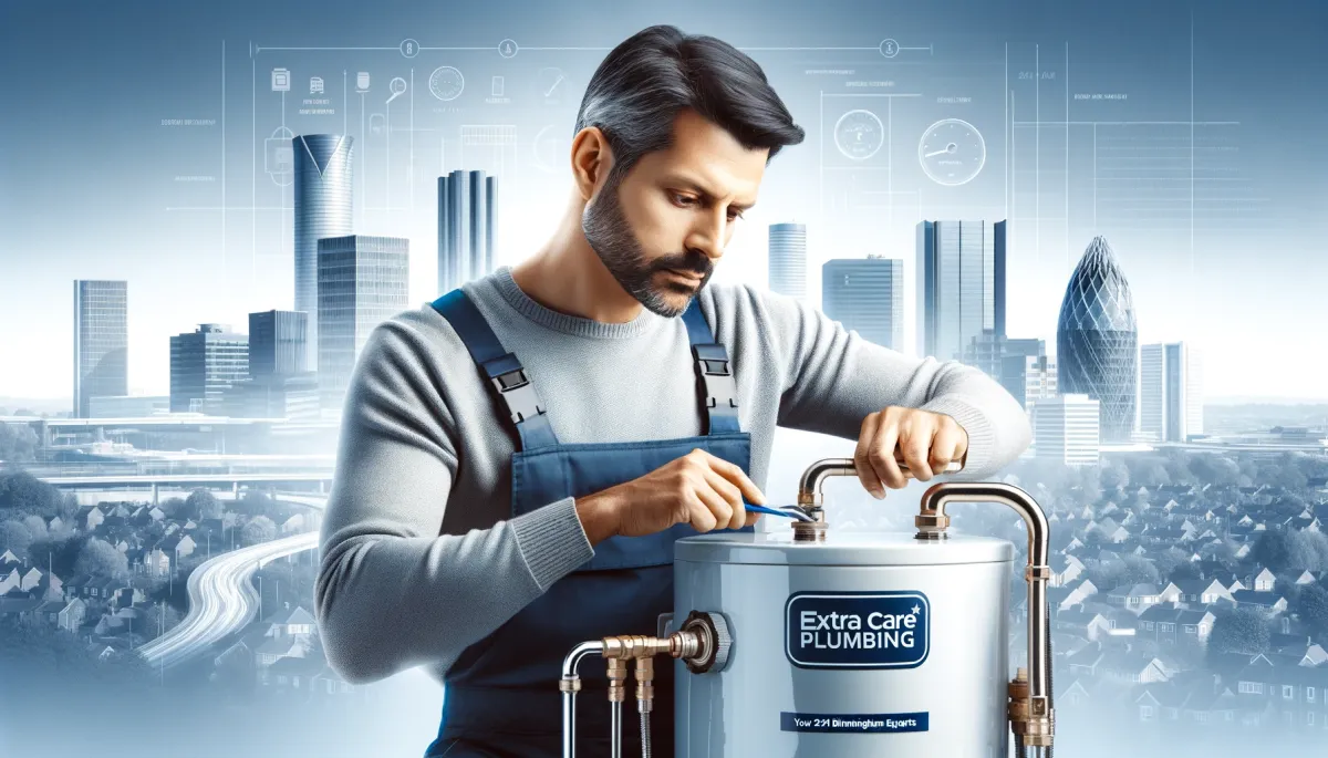 A professional plumber from Extra Care Plumbing works on a water heater, with Birmingham's skyline in the background and a text overlay: "Extra Care Plumbing: Your 24/7 Birmingham Experts." The image is styled in blues and whites, conveying reliability.