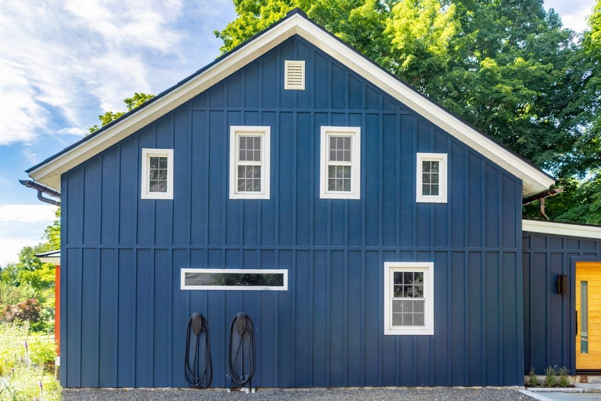 Blue James Hardie board and batten fiber cement siding on modern Utah home exterior