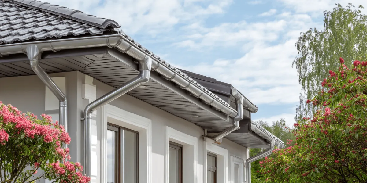 White seamless rain gutter system on luxury home in Highland Utah with professional downspout placement