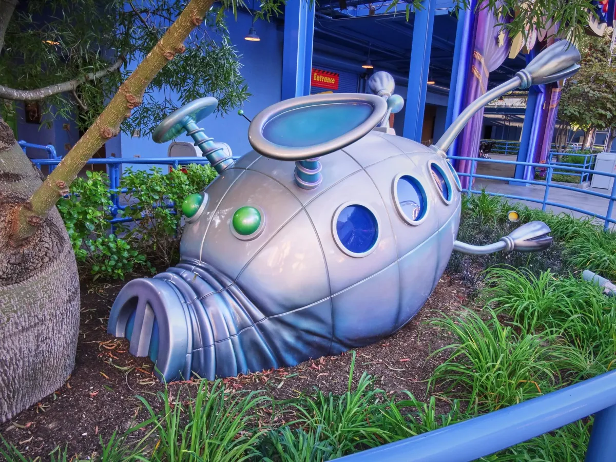 The Swinetrek crashed into a planter outside MuppetVision 3D