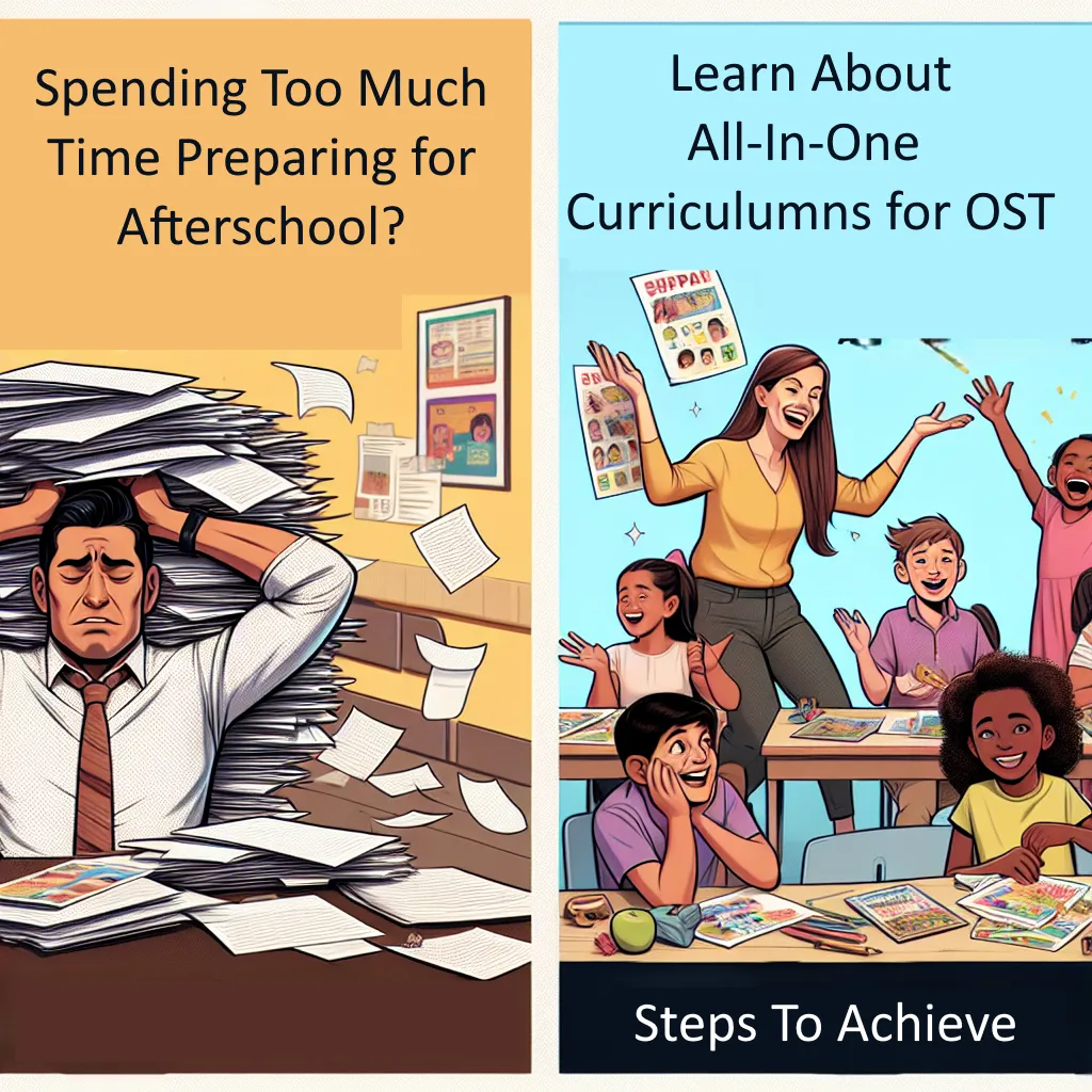 The image illustrates a stark contrast between two scenarios. On one side, it depicts a stressed teacher overwhelmed by the extensive preparation required for an afterschool program. On the other side, it shows a relaxed teacher who, by using the all-in-one kits and curriculums for out-of-school time (OST), is able to engage with happy, content students.