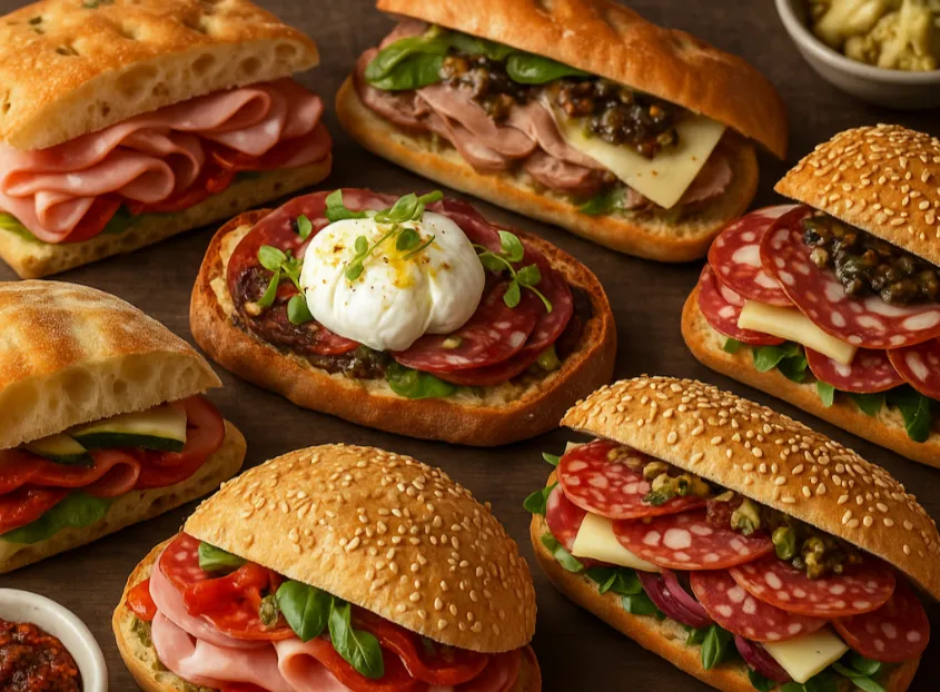 A high-resolution overhead image of a variety of gourmet Italian sandwiches arranged on a rustic wooden table. The sandwiches feature artisan breads like focaccia, ciabatta, and sesame rolls, filled with Italian cured meats such as salami, mortadella, and prosciutto, layered with cheeses like mozzarella and provolone, and topped with fresh basil, arugula, and spreads like sun-dried tomato pesto. Small bowls of pesto and marinated artichokes sit beside the sandwiches, adding vibrant color and texture.
