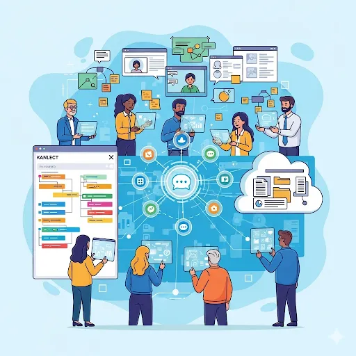 group of people using technology on a light blue background