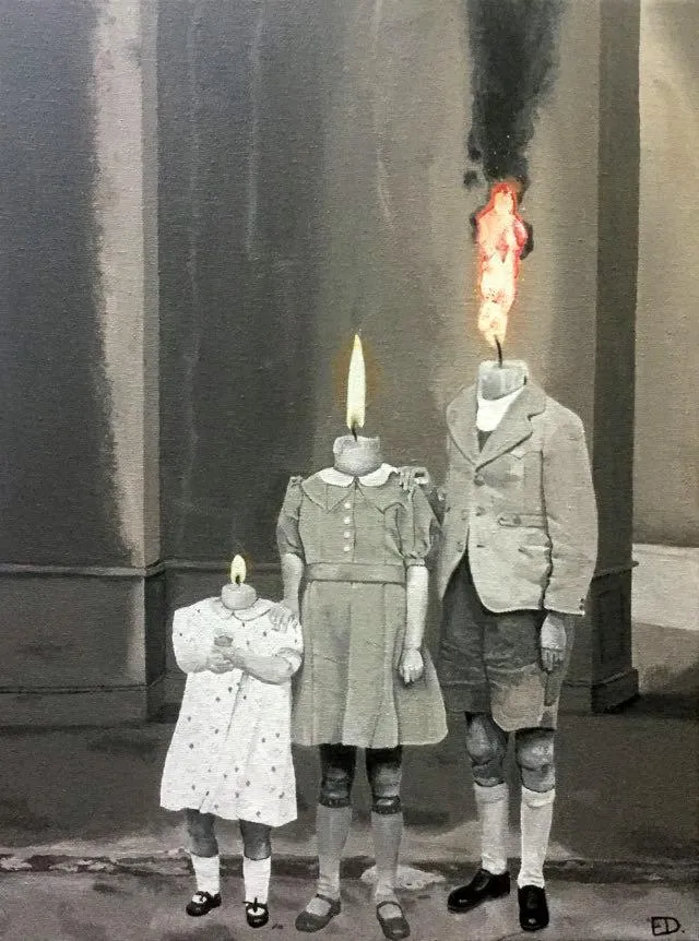 An acrylic painting of vintage children with candle heads