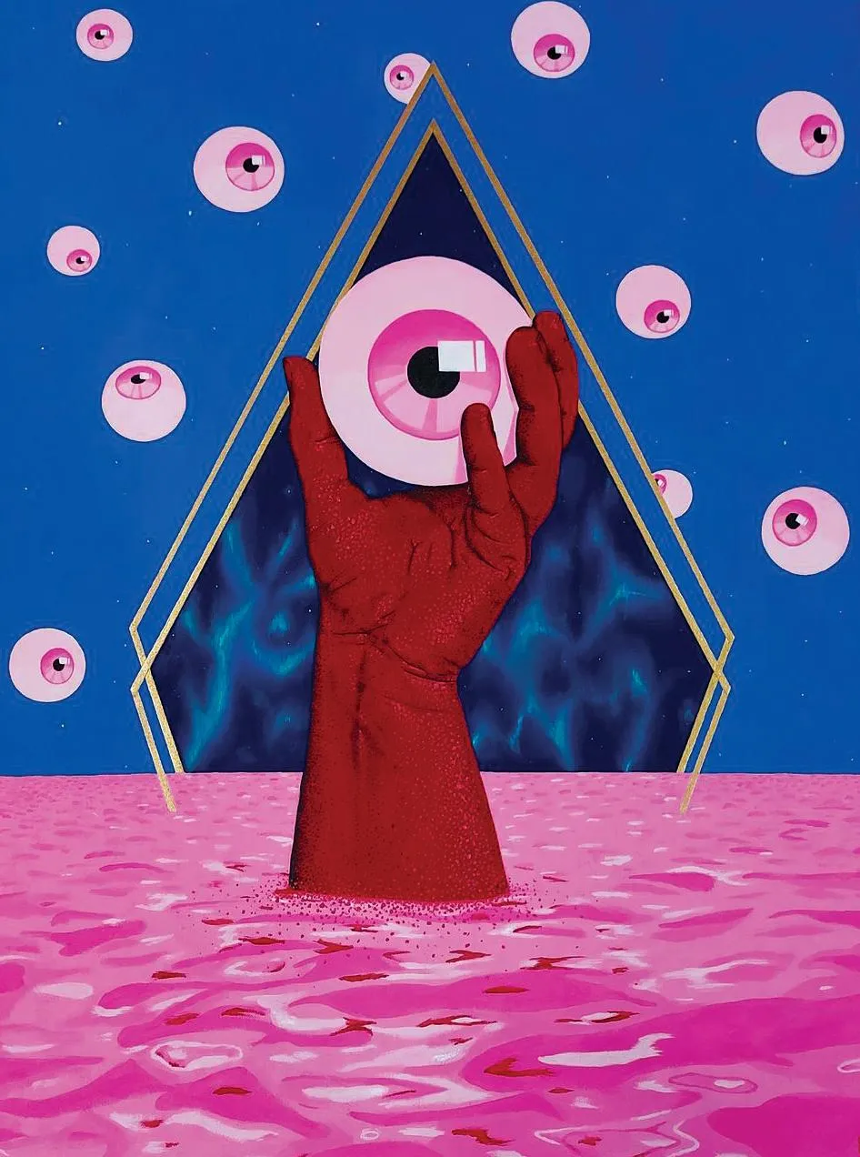 An acrylic painting of a red hand reaching out from a pink ocean to grab a pink eyeball