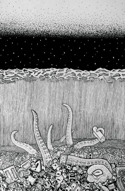 Ink drawing of an octopus in the ocean covered with varying objects