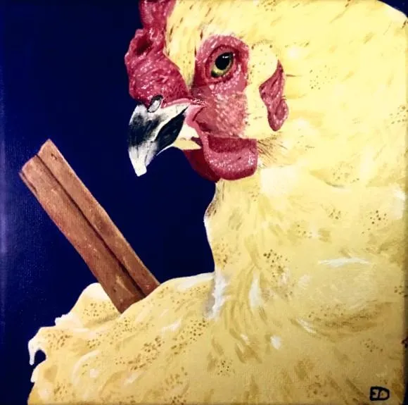 Surreal acrylic painting of an eggnog chicken