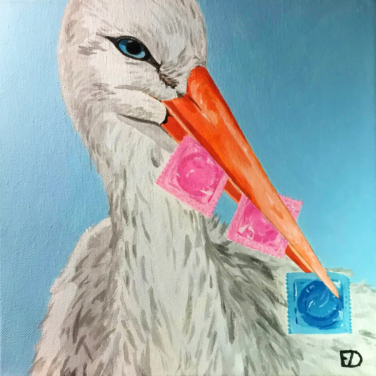 Acrylic painting of a stork holding contraceptives in his beak