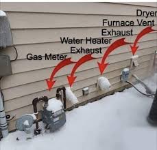 Snow accumulation blocking a residential chimney vent, creating a carbon monoxide backdraft risk