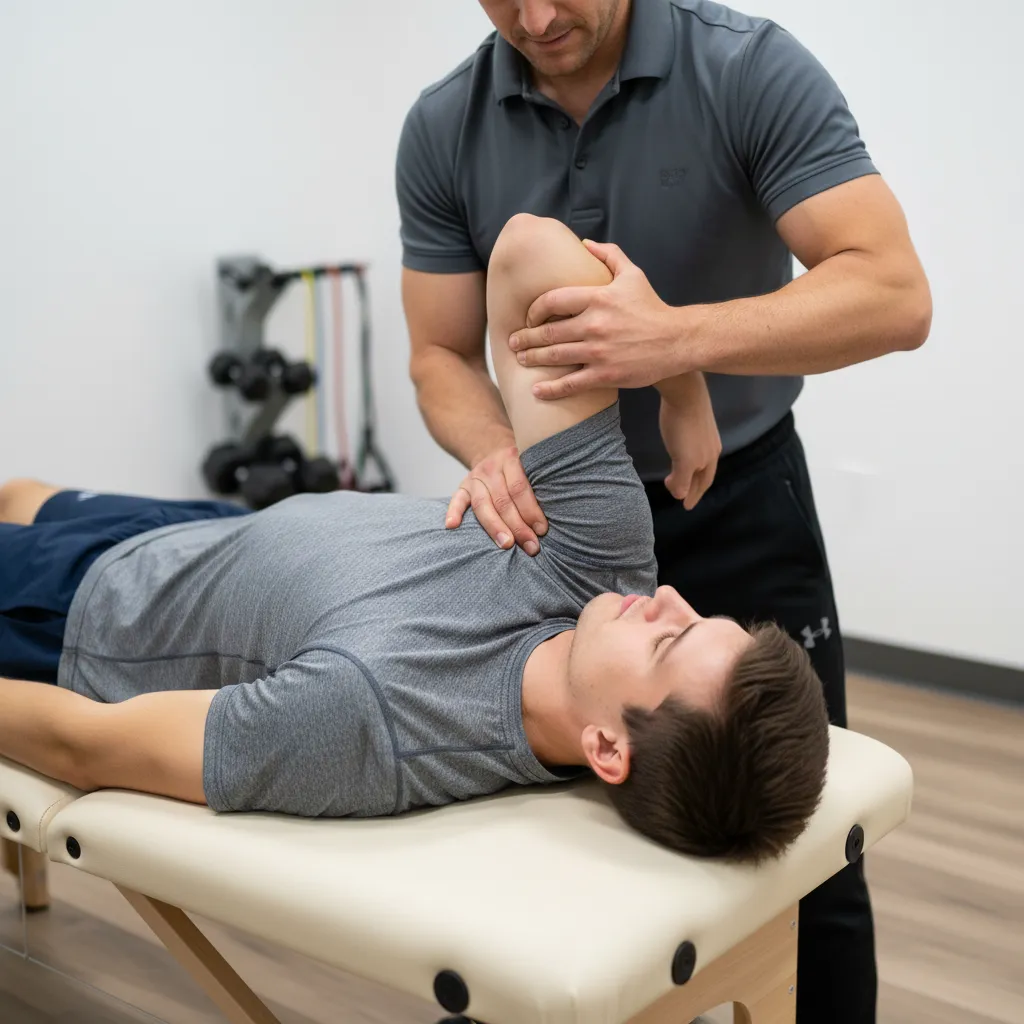 Physical therapist providing one-on-one performance PT assessment to athlete in Decatur, GA clinic