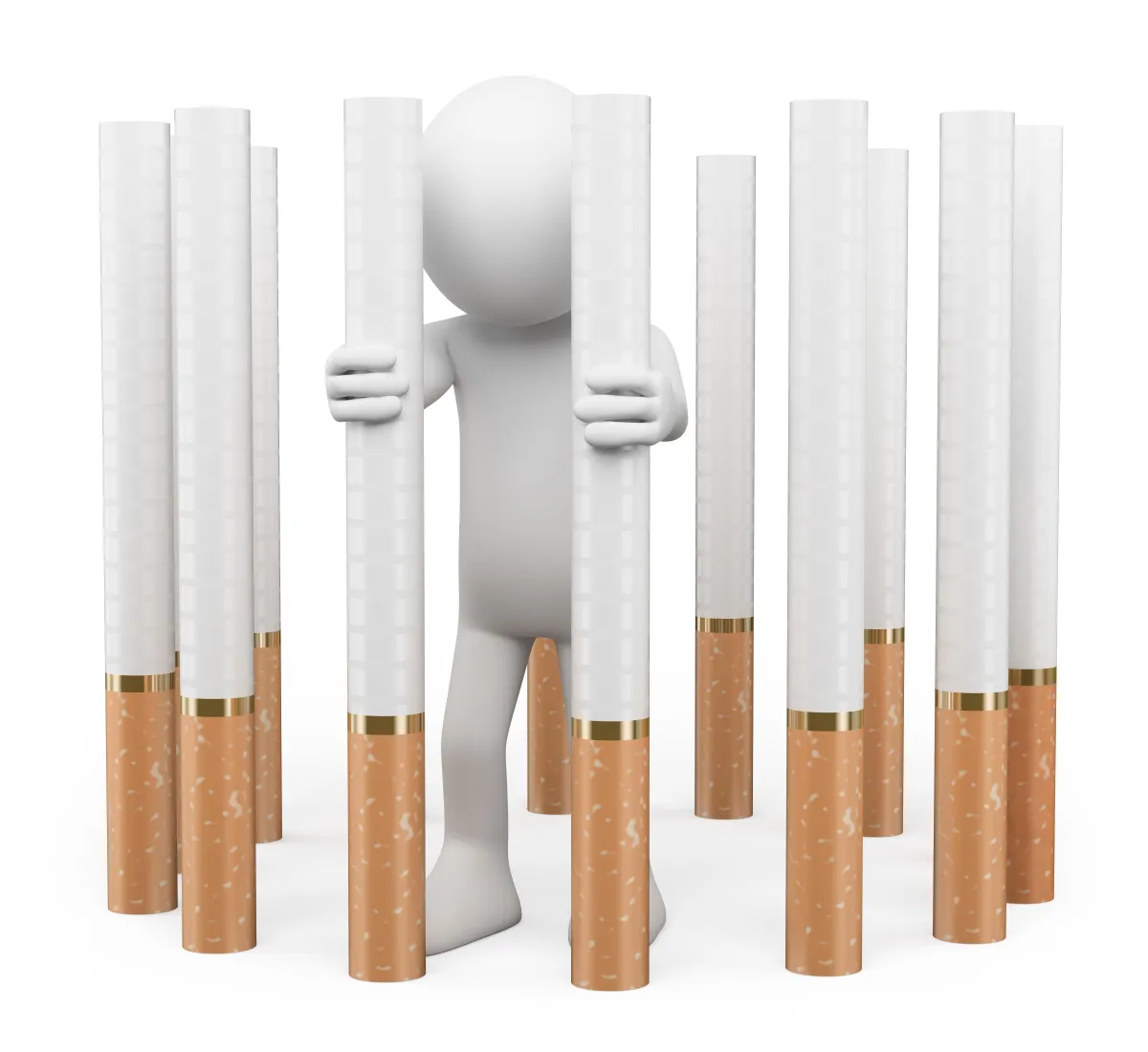 White figure of a man, trapped in a circle of cigarettes, symbolizing the cycle of nicotine addiction