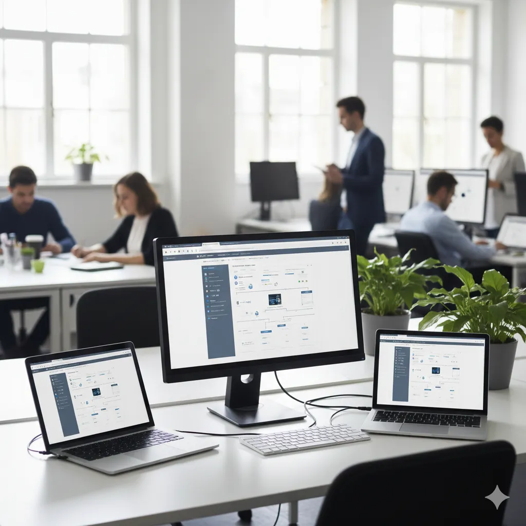 A professional photograph of a modern digital workspace with a laptop, desktop monitor, and tablet on a clean desk, showing abstract system flows in a bright, minimalist enterprise office with subtle silhouettes of people in the background.