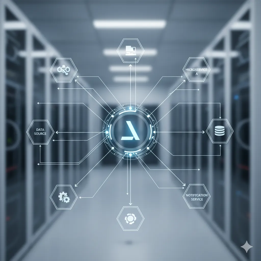 Conceptual visual showing AWS Lambda enabling event-driven system integration across cloud services.