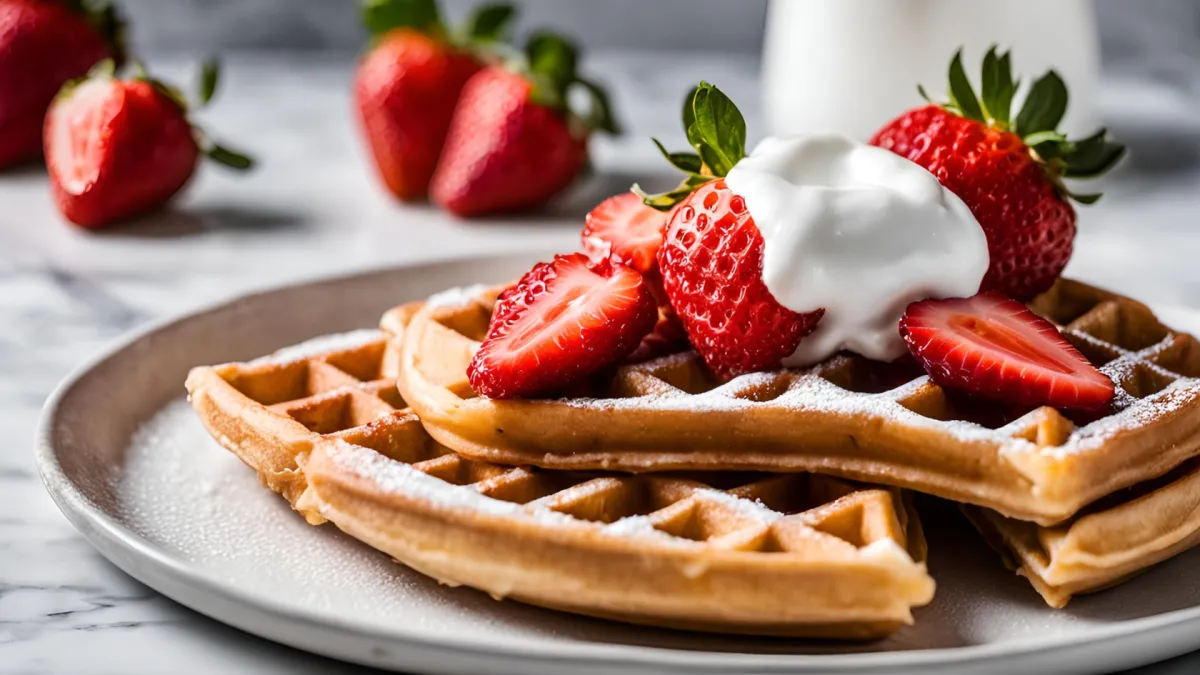 Whole grain waffles topped with fresh strawberries and a dollop of Greek yogurt