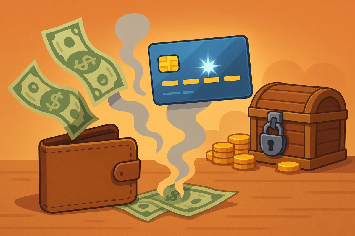Ilustración de una billetera soltando billetes que se evaporan al tocar una tarjeta de crédito, con un cofre cerrado lleno de monedas al fondo representando una alternativa más segura para el dinero.
