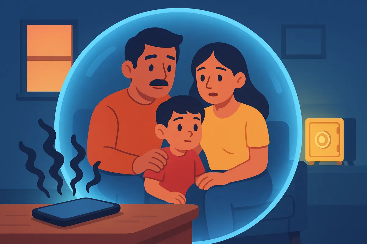 Ilustración de una familia preocupada dentro de una burbuja protectora mientras un teléfono emite señales oscuras que representan una estafa telefónica, con una caja fuerte al fondo simbolizando seguridad financiera.
