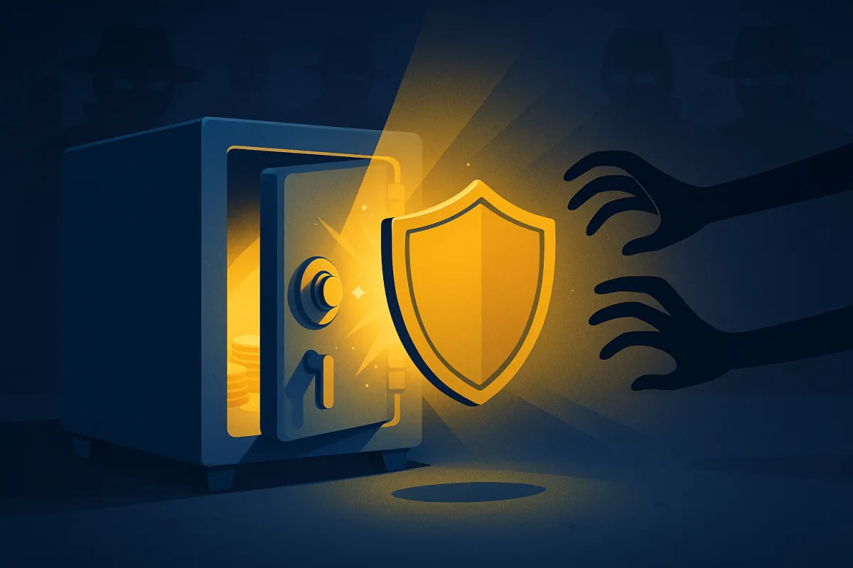 Caja fuerte abierta protegida por un escudo dorado que bloquea manos oscuras, con figuras en sombras al fondo representando estafadores.