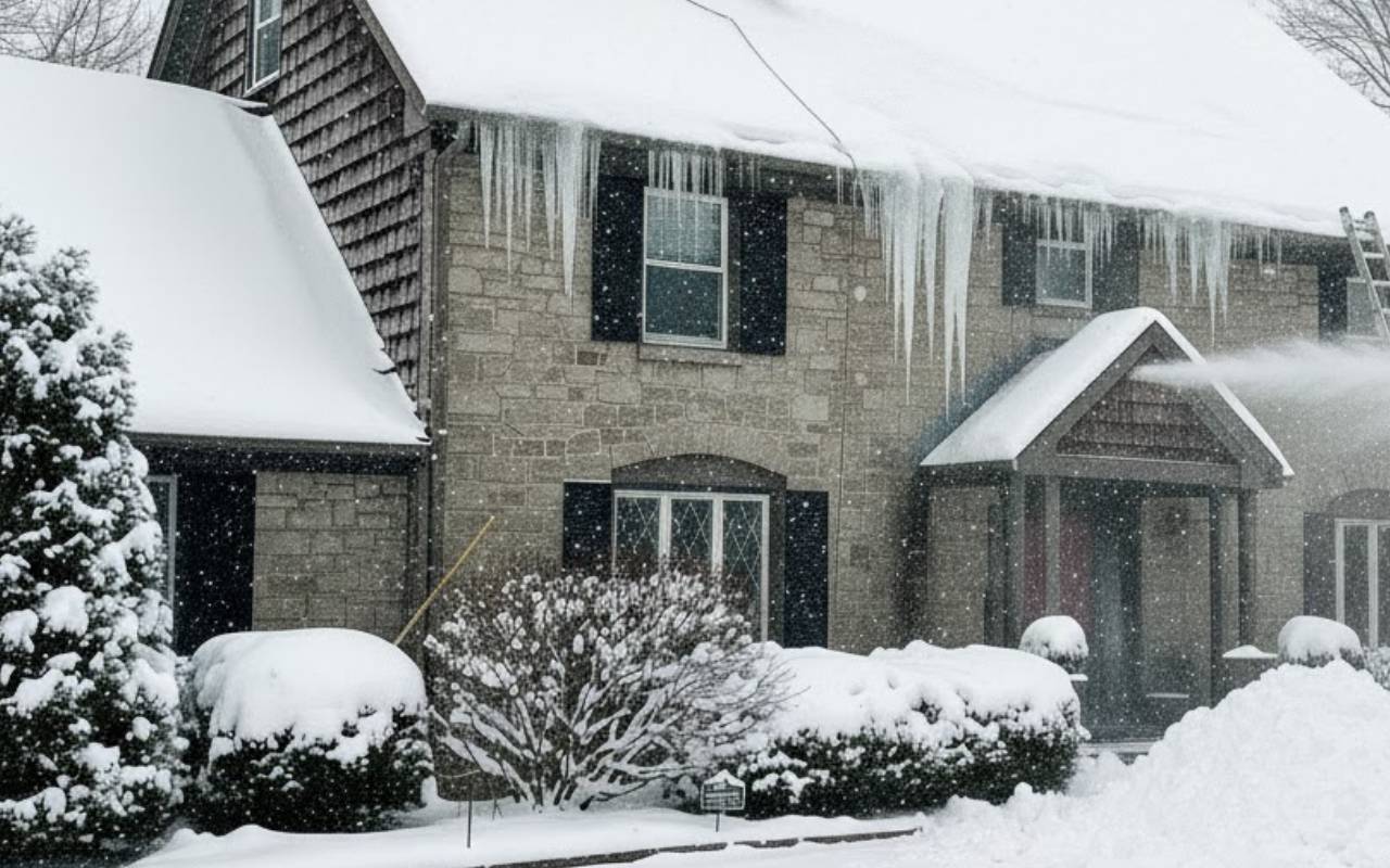 Close-up of gutter guards helping with Winter Roof Maintenance in White Plains during icy conditions