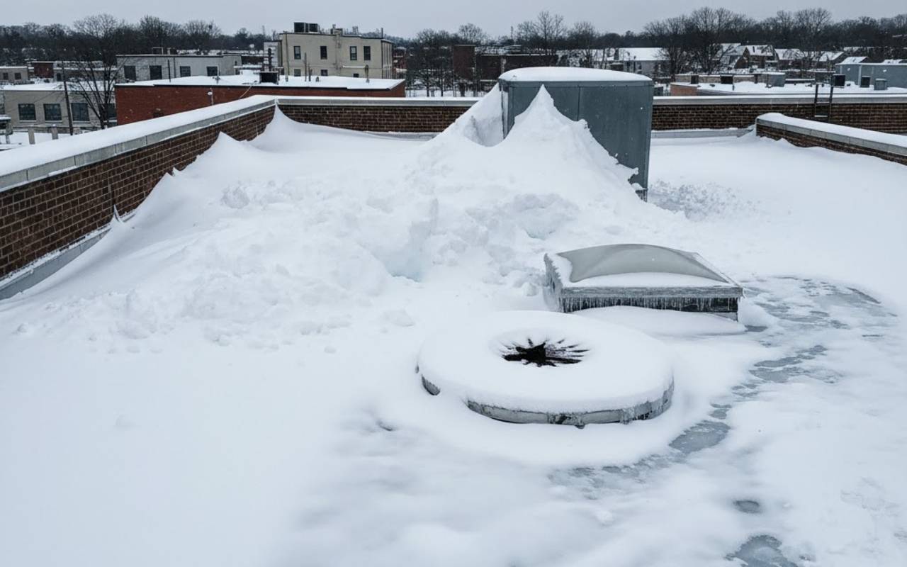 Overview of Flat Roof Snow Load in Port Chester on a commercial roof during winter
