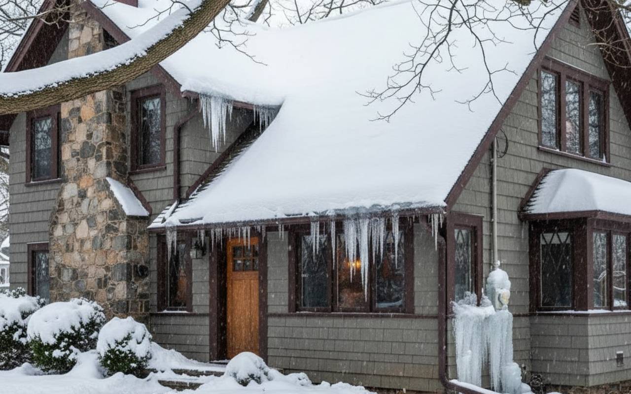 Close-up of gutter guards helping with Winter Roof Maintenance in White Plains during icy conditions