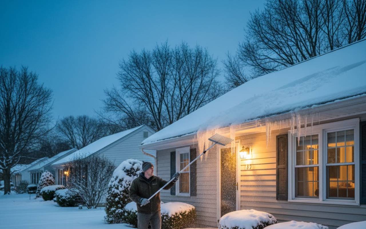 Safe Ice Dam Removal in White Plains using steam to clear thick ice dams from a residential roof edge.