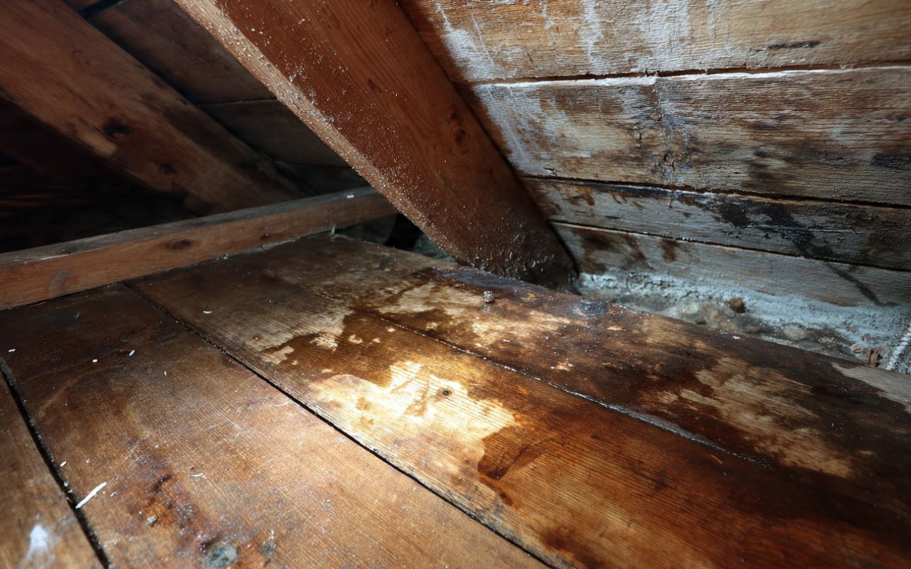 Attic inspection for a roof leak after snow melt in White Plains showing early water staining.