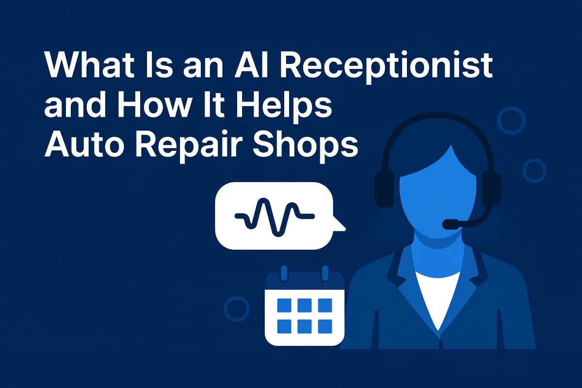 AI receptionist illustration with headset, speech bubble, and calendar icons promoting blog post on how AI receptionists help auto repair shops.