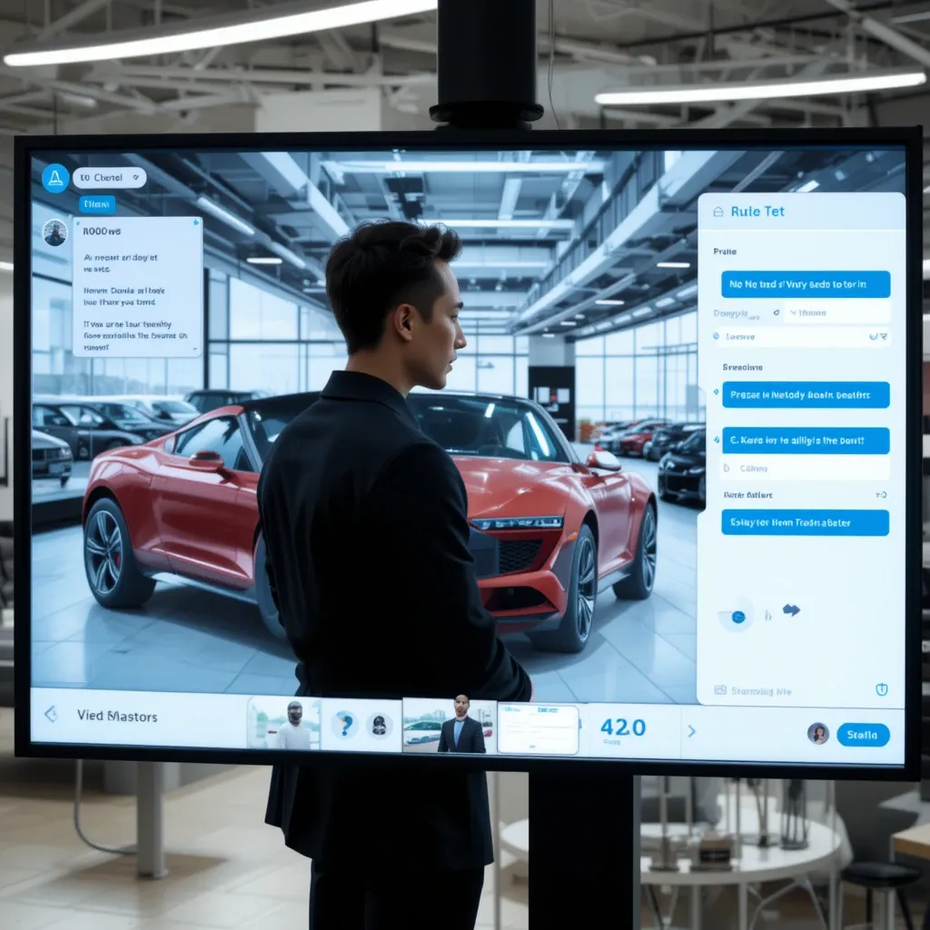 UK car dealership utilising AI technology, with a virtual showroom interface displayed on a screen and a customer interacting with an AI-powered chatbot
