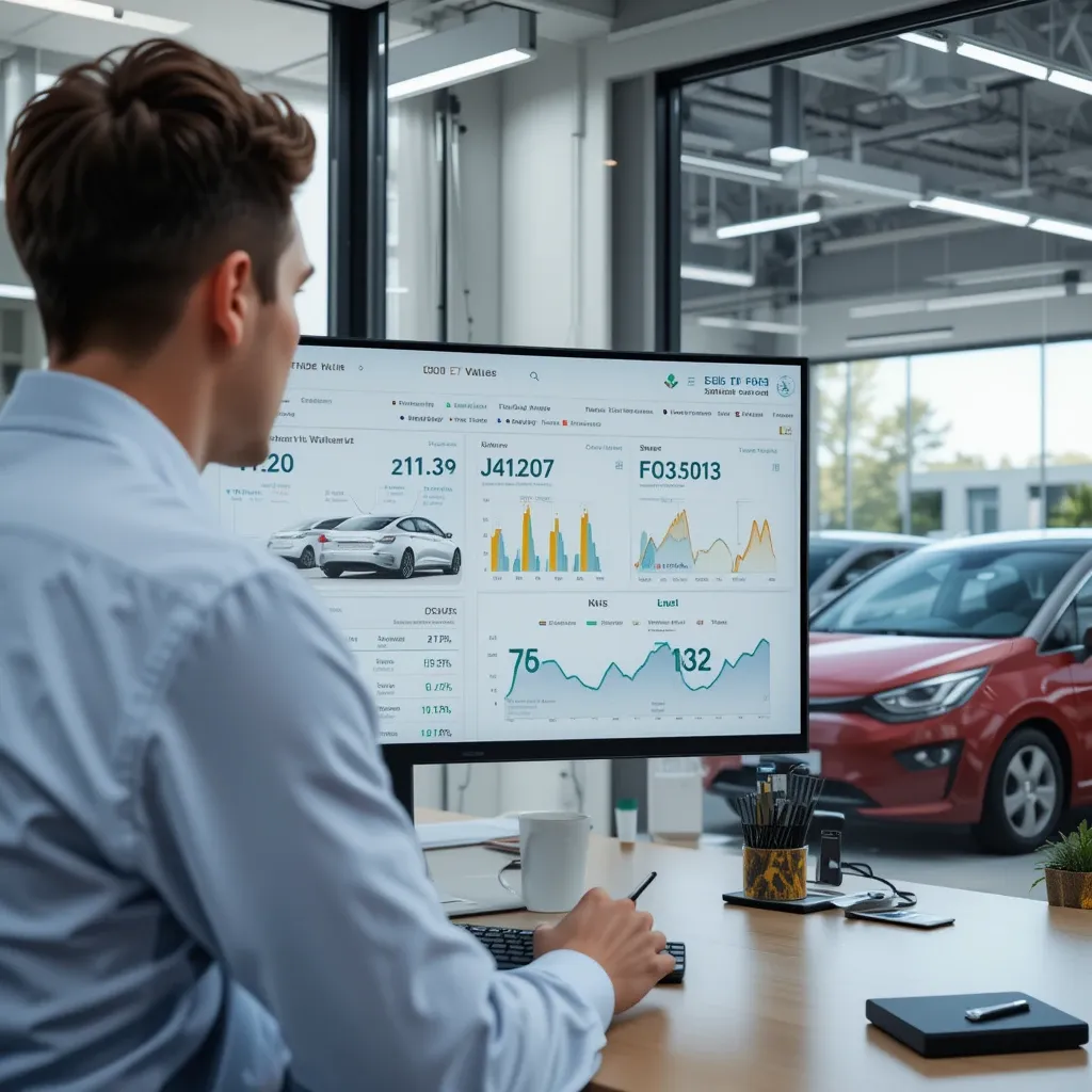 UK car dealer analysing used EV trade values and battery health data on a digital dashboard, with EV models visible outside.