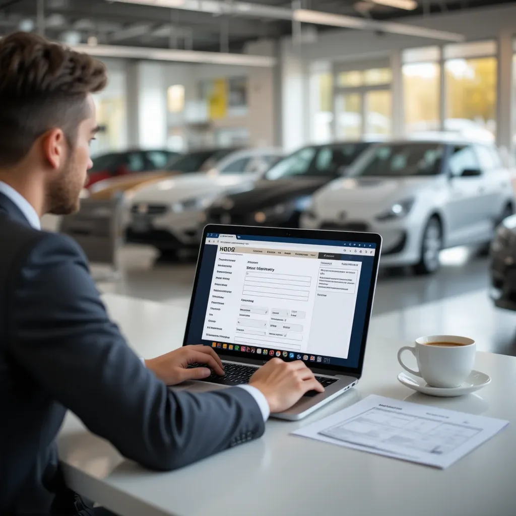 UK trade car dealer creating an optimised online vehicle listing on a laptop, with checklist, specs fields, and vehicles in showroom background.
